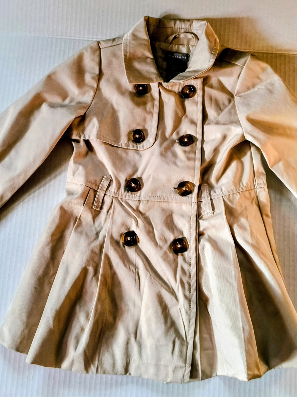 Tahari Light Beige Double-Breasted Peplum Trench Coat